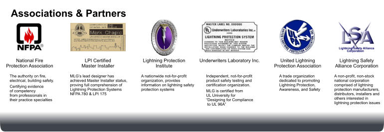 National Fire Protection Association  The authority on fire, electrical, building safety. Certifying evidence of competency  from professionals in  their practice specialties  LPI Certified  Master Installer  MLGs lead designer has achieved Master Installer status, proving full comprehension of Lightning Protection Systems NFPA 780 & LPI 175    Lightning Protection Institute  A nationwide not-for-profit  organization, provides  information on lightning safety protection systems Underwriters Laboratory Inc.   Independent, not-for-profit product safety testing and  certification organization. MLG is certified from UL University for Designing for Compliance  to UL 96A United Lightning  Protection Association  A trade organization  dedicated to promoting  Lightning Protection,  Awareness, and Safety Lightning Safety Alliance Corporation  A non-profit, non-stock  national corporation  comprised of lightning  protection manufacturers,  distributors, installers and  others interested in  lightning protection issues Associations & Partners